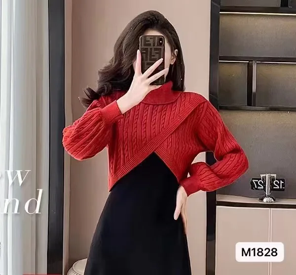 

Autumn Winter Long Sleeve Turtleneck Knit Loose Slim Pullover Coat Top Girl's High Stretch Irregular Twist Short Sweater Women