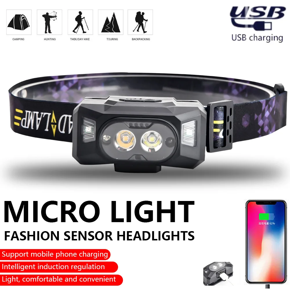 

New Dual Light Source White and Yellow Light Sensing Headlamp USB Charger Outdoor Red LED Warning Lamp Headlamp Head Band