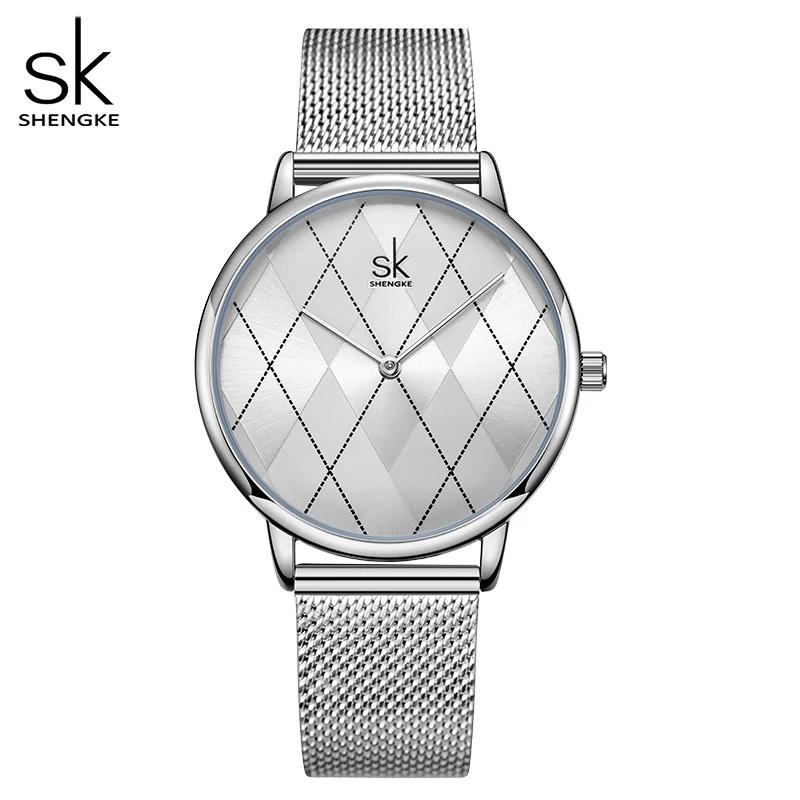 

Часы SHENGKE SK женские кварцевые, модные роскошные Серебристые наручные, с оригинальным дизайном