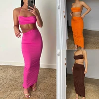 summer new womens fashion neck hanging sexy vest tight bandage long skirt two piece set nightclub party dress festival outfit