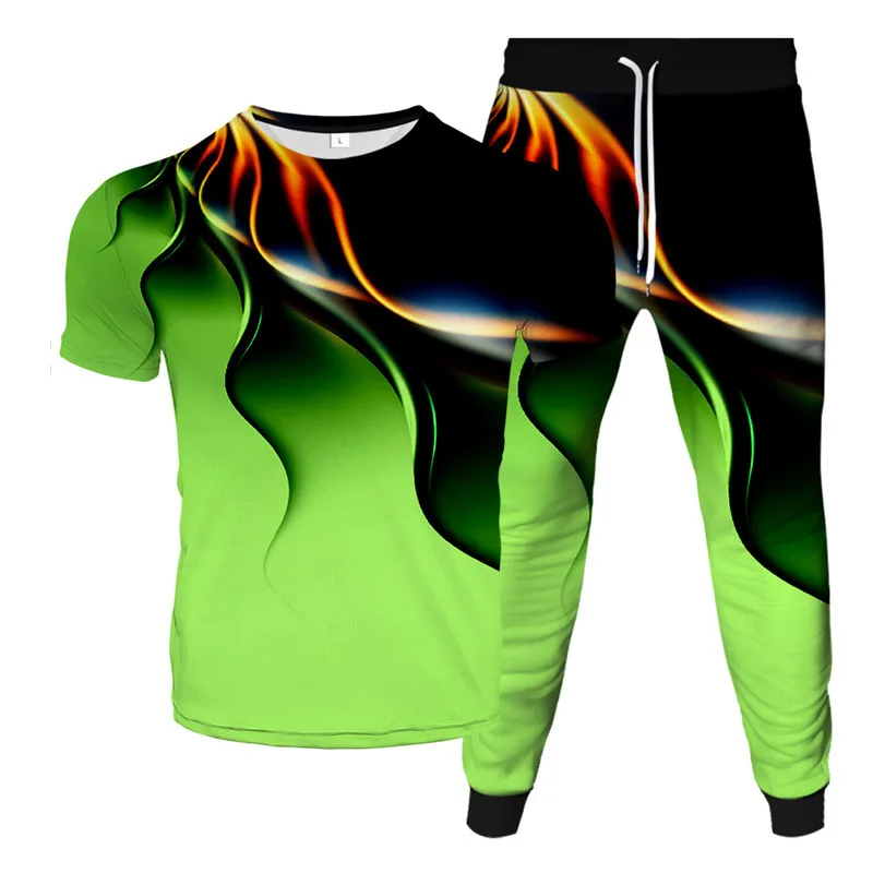 2023 Summer New Men's Digital Printing Gradient Pattern T-shirt Trousers 2-Piece Suit Men's Casual 3D Creative Short-Sleeved Tro