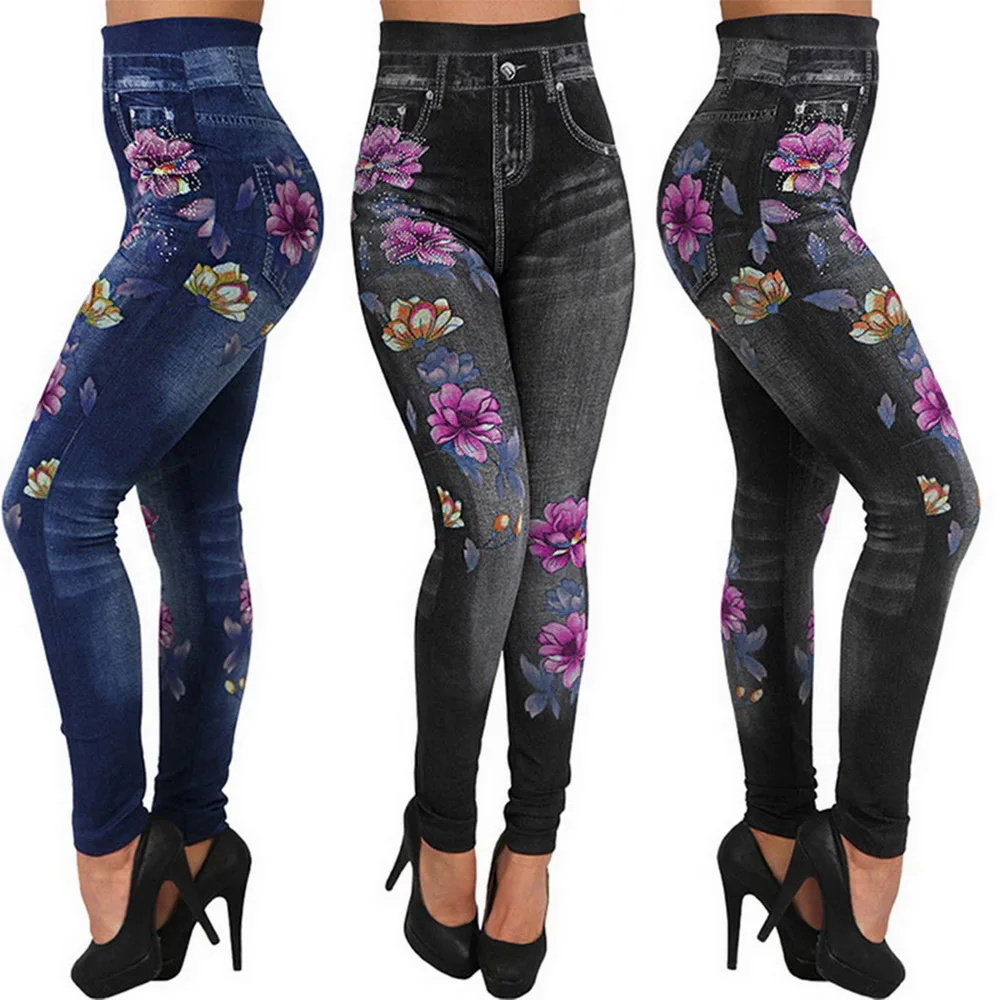 

Nibesser Women Leggings Floral Print Pencil Pants Leggins Plus Size Casual High Waist Faux Denim Fashion Trousers Bottoms