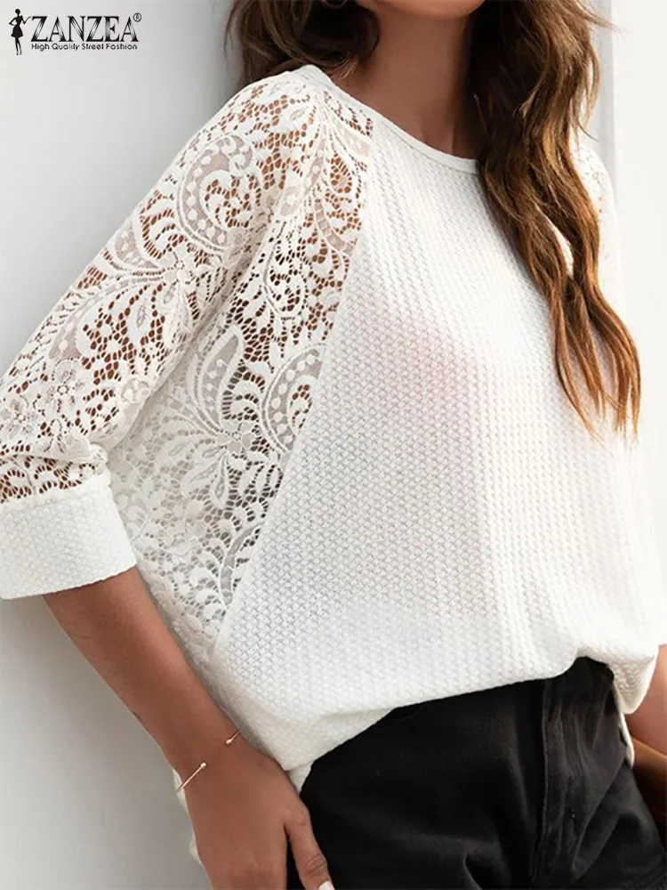 

ZANZEA Short Sleeve O-Neck Lace Patchwork Tops Fashion Casual Oversized Holiday Slim Shirt 2022 Women Summer Solid Color Blouse