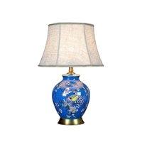 retro blue birds and flower design ceramic luxury asia table lamp fabric shade hotel use