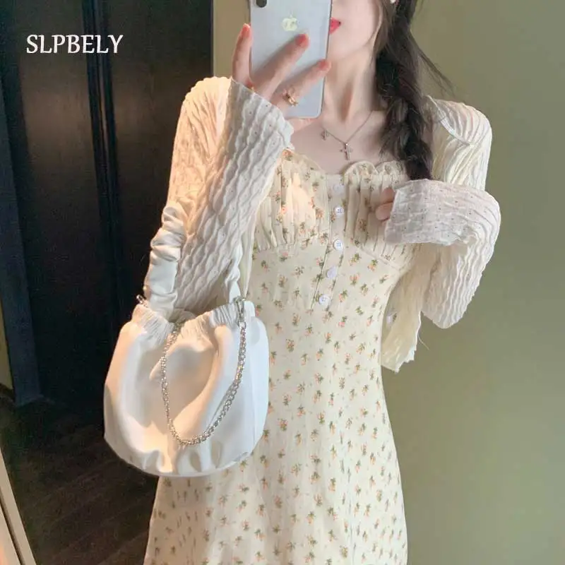 

SLPBELY Elegant Floral Spaghetti Strap Dress For Women Spring Kawaii Midi Dress Vintage Korean Bench Party Fairy Dress 2pc Set