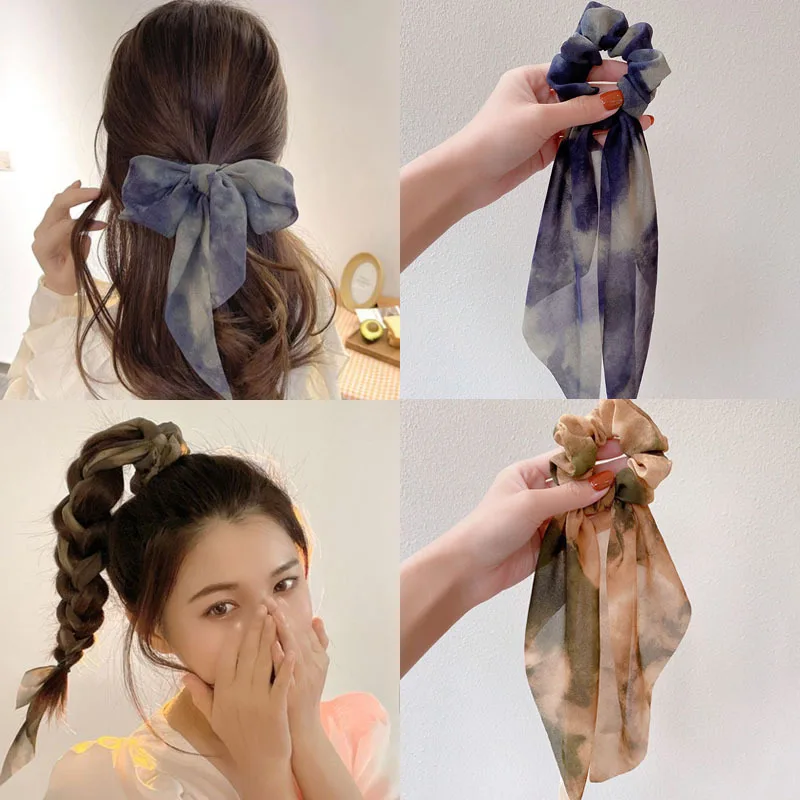 

Korean Print Bow Headbands Vintage Ribbon Ponytail Scarf Hair Rope Sweet Elastic Hair bands Headwear For Women Hair Accessories