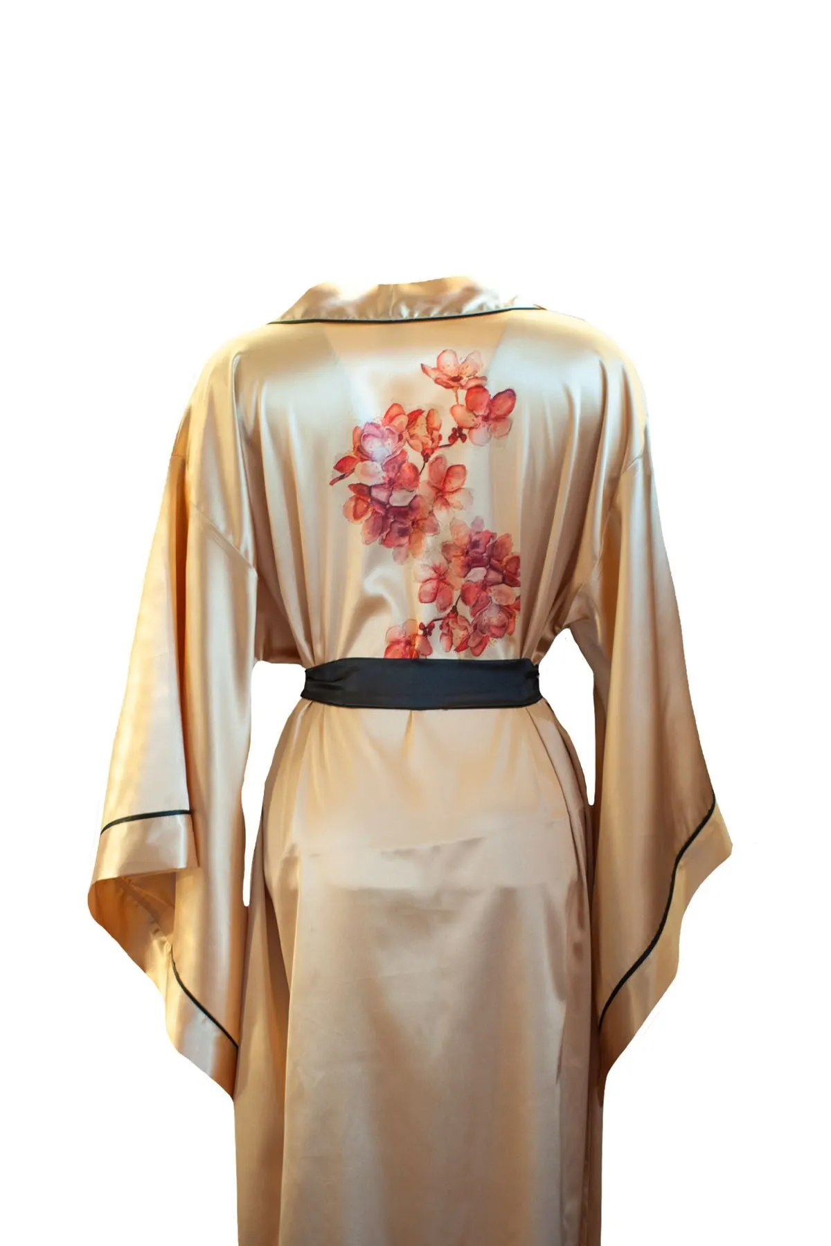 

Women's Kimono Gold Color Black Laced Satin Bat Sleeve Dressing Gown Gown Gown Gown Gown Gown Gown Gown Summer 2022