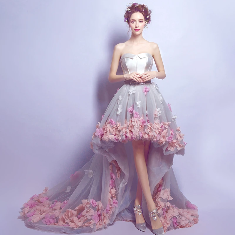 

Evening Dress Flowers Embroidery Elegant Strapless High-Low Sleeveless Knee-Length Backless Plus Size Women Formal Gowns TS063