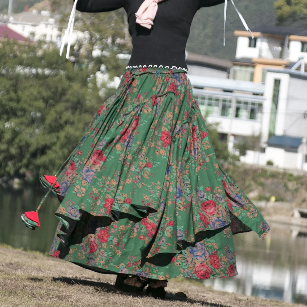 

Free Shipping 2022 New Long Maxi A-line Elastic Waist Women Autumn Spring Cotton And Linen Vintage S-2XL Big Hem Print Skirt