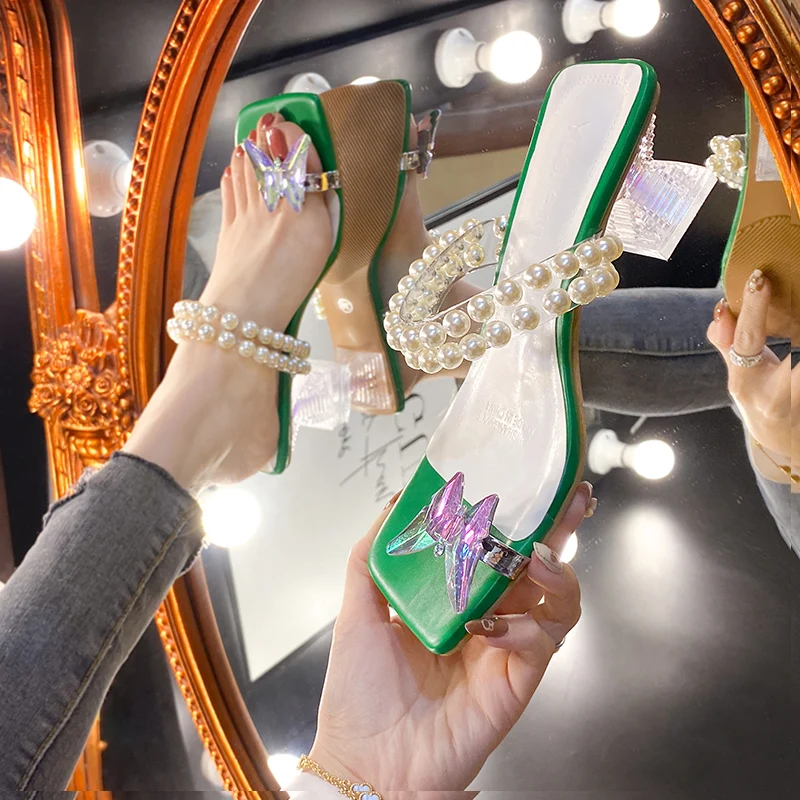 2023 Summer Mid Heels Fashion Pearl Women Slippers Shoes New Flower Flip Flops Dress Sandals Women Bohemia Casual Ladies Slides