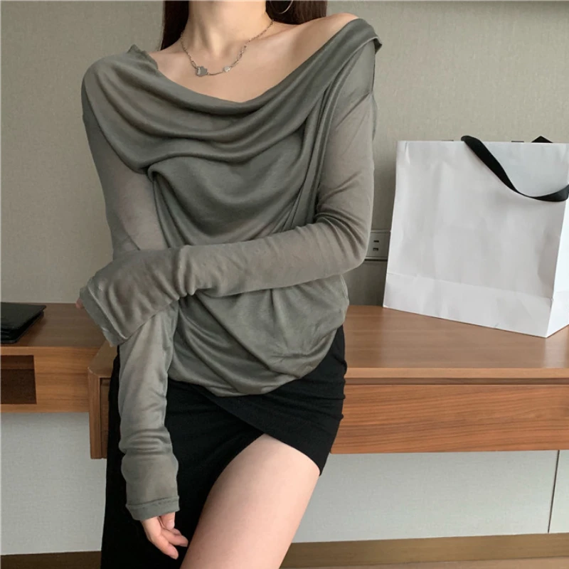 

Pure Desire Knitted T-Shirt Women's Summer Irregular Short Hot Girl Off Shoulder Loose Micro-transparent Long-sleeved Blouse Top