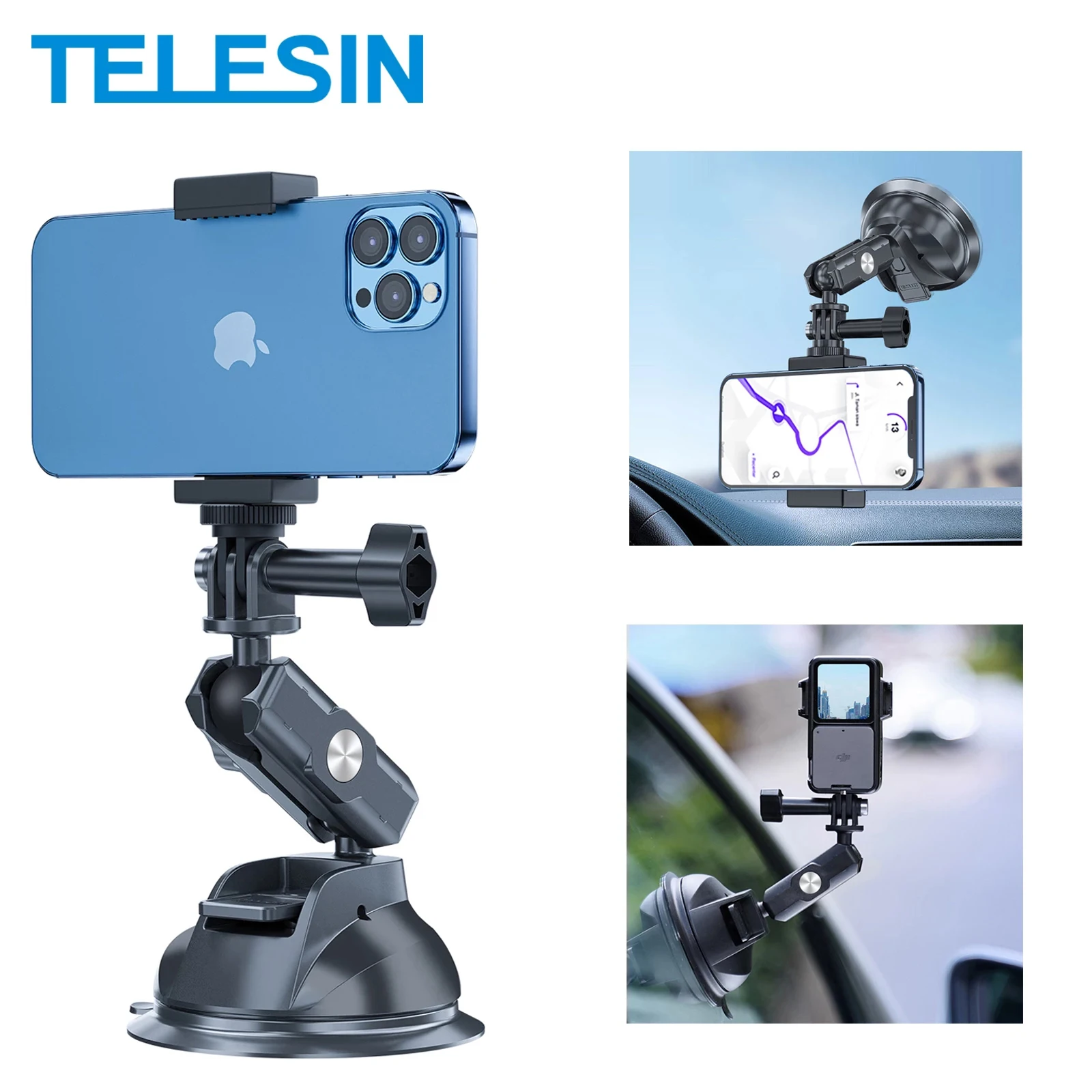 

TELESIN Универсальный автомобильный держатель телефона присоска 360 ° регулируемый 1/4 Адаптер для GoPro 11 10 Insta360 DJI Action 2 3 iPhone 13 14