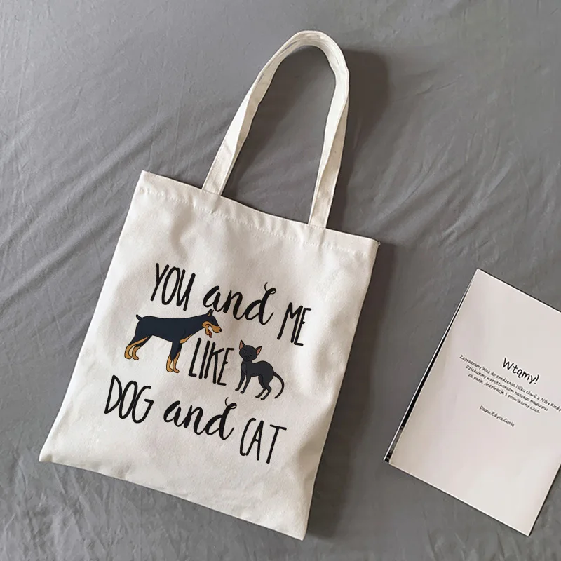 

Милая мультяшная сумка через плечо You and Me, как собака и кошка, повседневные холщовые сумки через плечо, сумка в стиле Харадзюку, многоразовая...