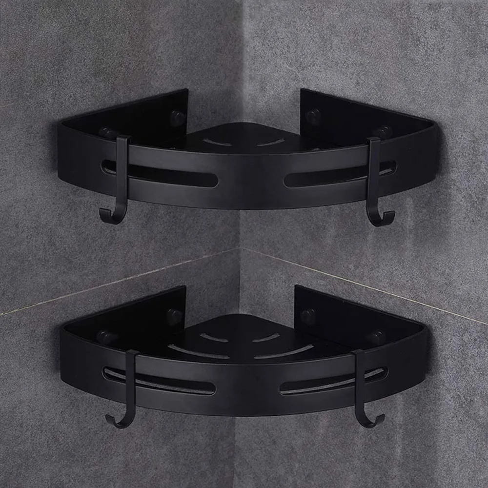 Ванная душевая корзина угловая полка из алюминия с 4 крючками, органайзер для хранения в кухне и туалете, клей, без сверления полок на.
