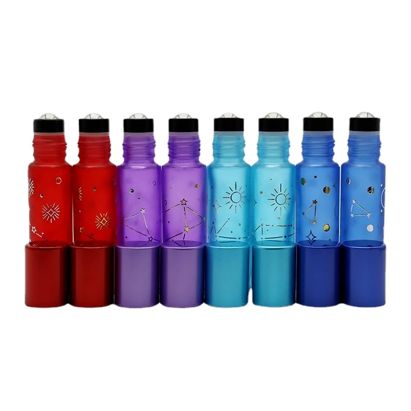 

50pcs 10ml Refillable Essential Oil Roller Bottle Star Pattern Bottle Thick Glass Empty Bottle for Fragrance Perfume Container