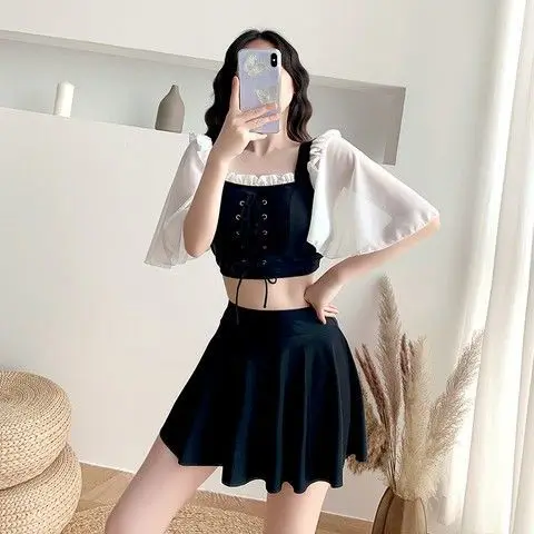 2023 New Korean One Piece Swimwear Women Swimming Female Bathing Suit Beachwear Solid Black Swimsuit Summer Swimskirt