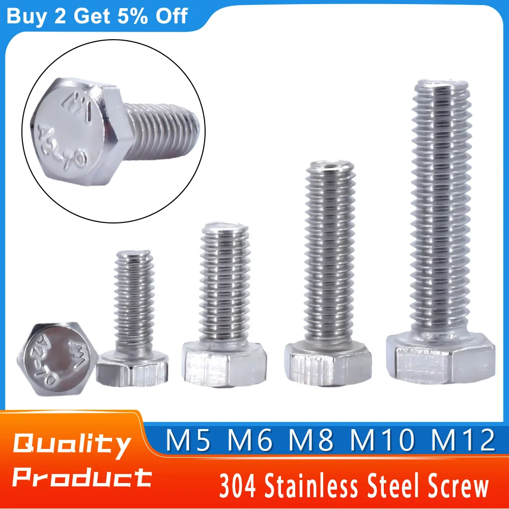 

M5 M6 M8M10 M12 304 наружный шестигранный винт из нержавеющей стали DIN933 наружные шестигранные болты с полной резьбой Шестигранная головка механические винты
