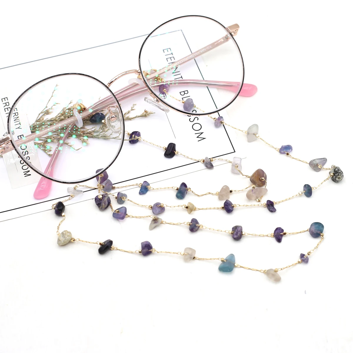 

Natural Stone Gravel Glasses Chain Crystal Rose Quartz Amethyst Agate Fluorite Amazonite Spectacles Chains Length 80 cm