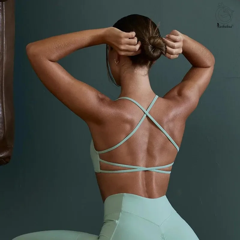 Yushuhua Solid Low Impact Fitness Yoga Bra Crop Tank Top Women Sexy Back Cross Padded Sports Bra Workout Tops Plus Size