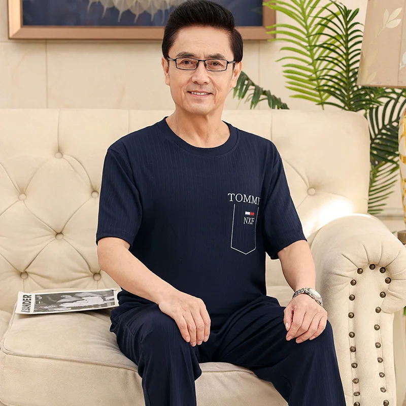 

Summer Cotton Pajamas Set For Men 2PCS Pijamas Short Sleeve Dad Loungewear Soft Leisure Nightwear Round Neck Homewear