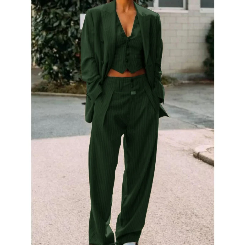 Striped Women's Suit Dress Lapel Single-breasted Button Gray Sexy V-neck Vest Pants Jacket Business Work Coat Three-piece Custom