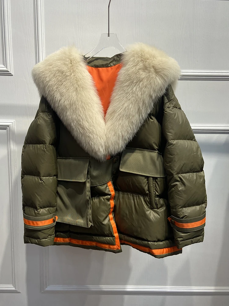 Women Winter Thick Real Fox Fur Collar Goose Down Parka Jacket Oversize Winter Parka Jacket