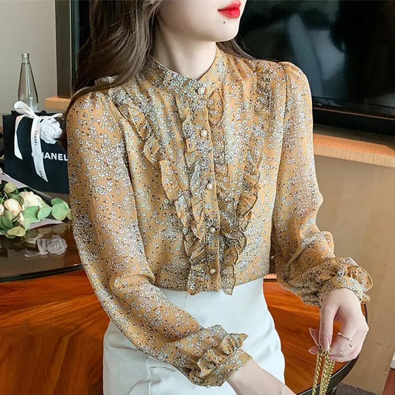 

Spring Stand Collar Floral Chiffon Shirt Women's Spring New Long-sleeved Thin Bottoming Blouse Top