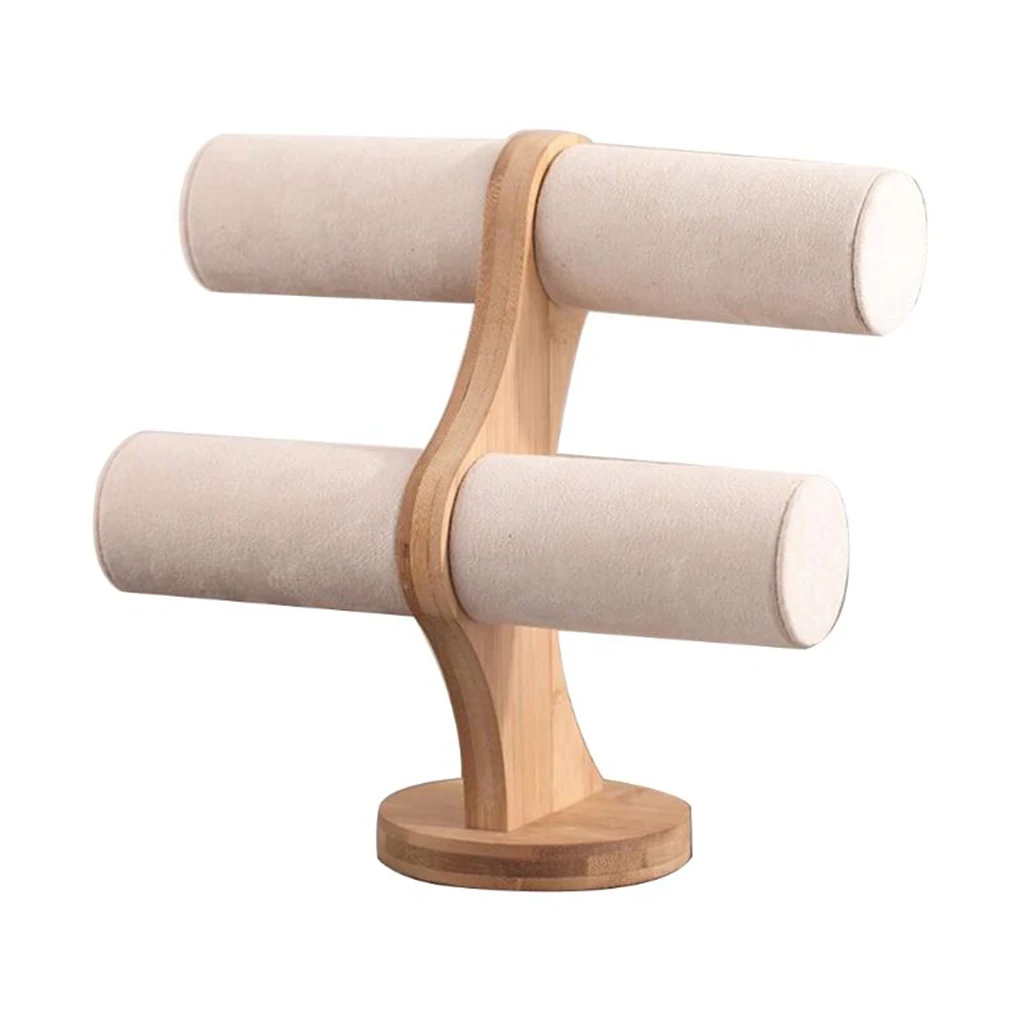 

2-Tier Tabletop Organizer with Wood Base Watch Jewelry Rack T-Bar Hard Chain Vintage Display Stand Necklace Bangle