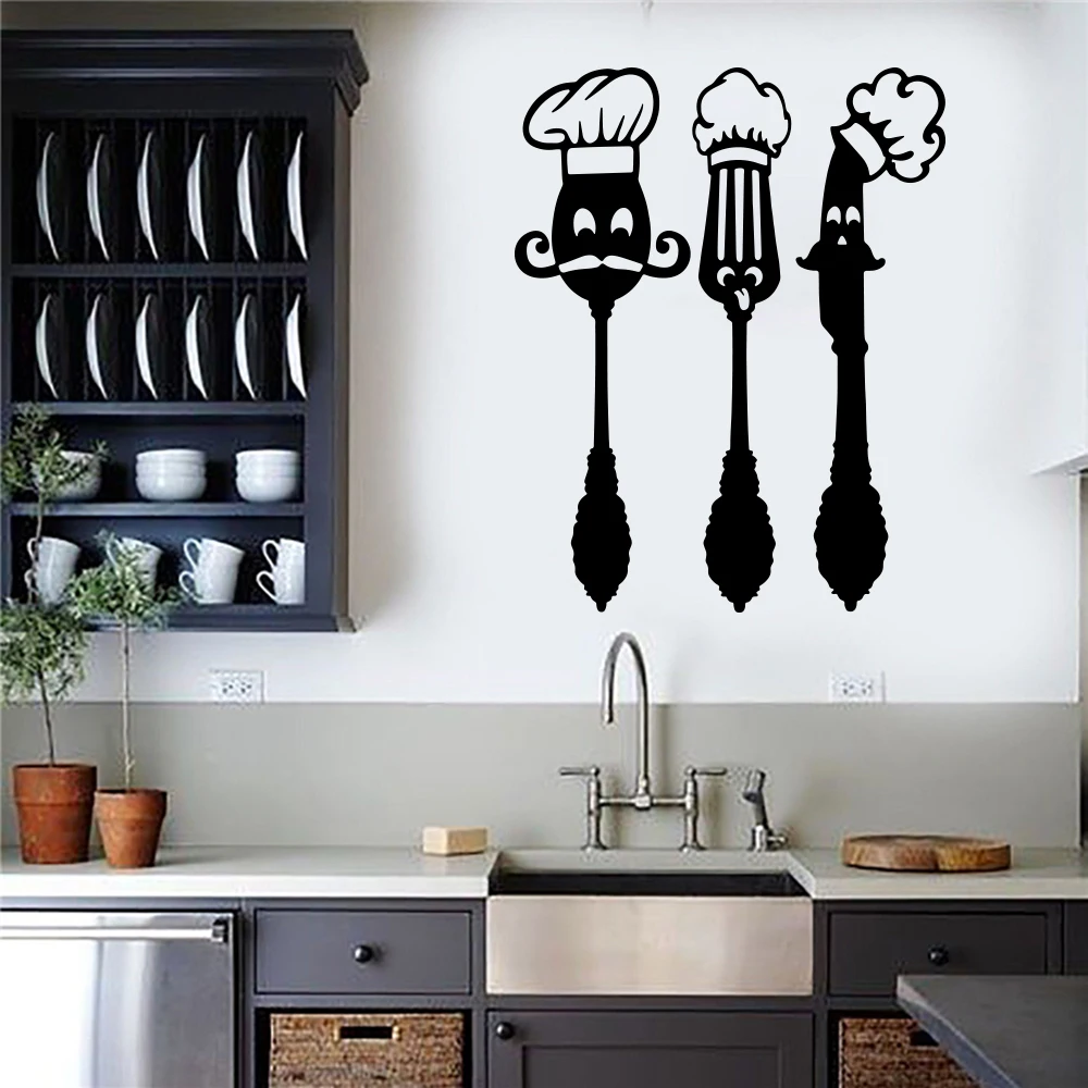Pegatina de vinilo con dibujos animados para decoración del hogar, calcomanía de pared de 3 piezas para cocina, cuchara, tenedor, cuchillo, restaurante, comedor, Chef