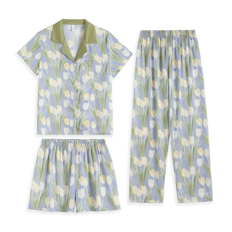 2023 Pajamas Women's Oil Painting Tulip Korean Version of The High-end Texture Retro Craft Home Suit Leisure and Soft Sleepwear