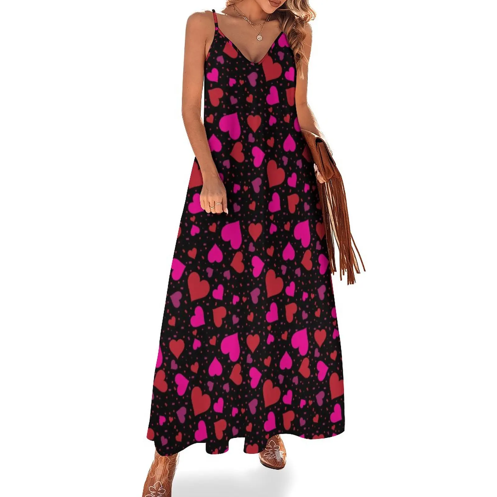 

Heart Confetti Dress Pink Valentines Day Sexy Maxi Dress Street Wear Casual Long Dresses Female Strap Printed Big Size