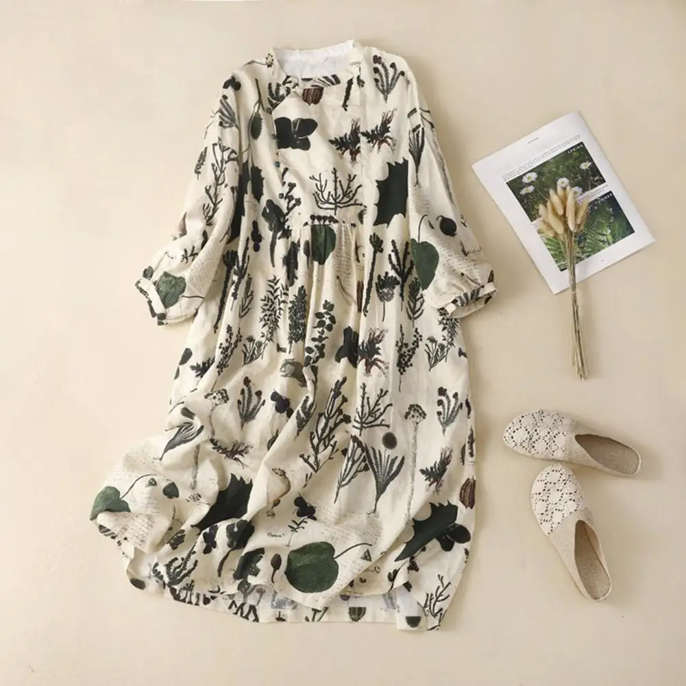 

Women Dress O-Neck Half Sleeve Disc Buttons Placket Midi Dress Vintage Plant Printing Women Dress Loose Female Clothing
