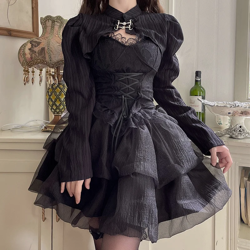 

Женское кружевное платье с завышенной талией Goth Fashion, кружевное Плиссированное облегающее ТРАПЕЦИЕВИДНОЕ платье с бантом, топы на бретелях с завязками, популярный костюм для девушек
