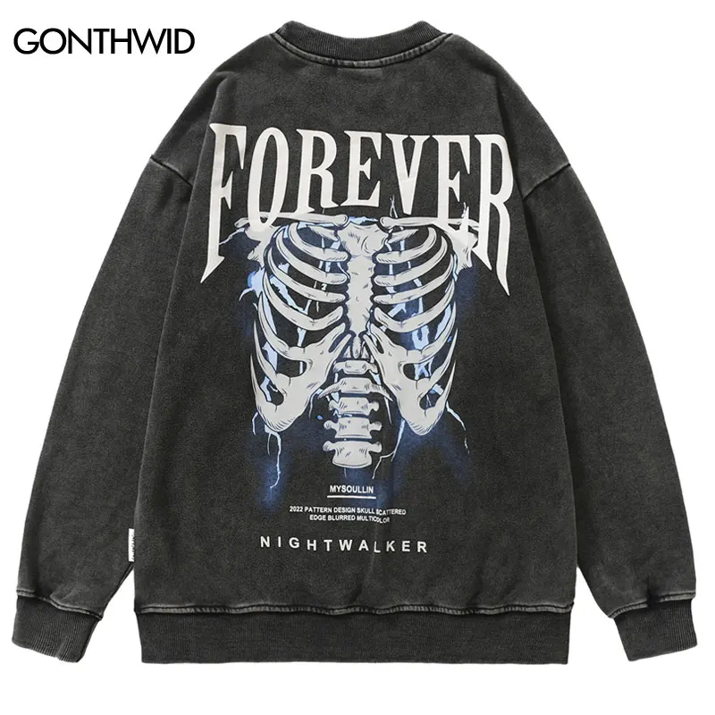 

Hip Hop Vintage Hoodie Sweatshirt Skeleton Skull Print Crewneck Distressed Wash Hoodie 2022 Harajuku Casual Punk Goth Pullover