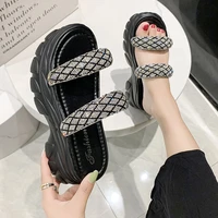 european station white rhinestone muffin daddy slippers womens summer 2022 new thick bottom increased casual wedge slippers