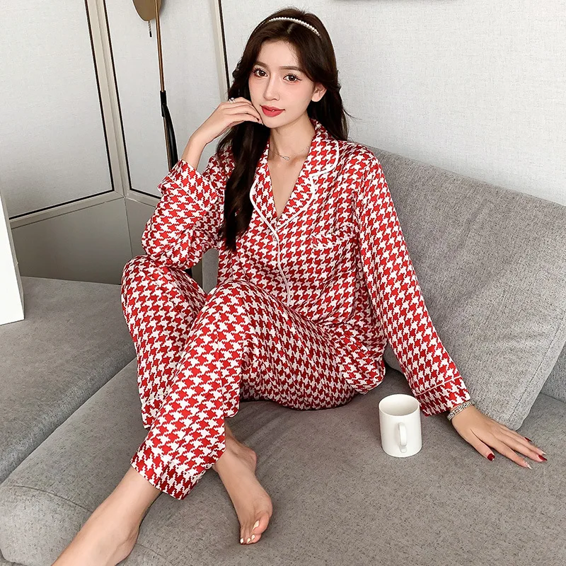 QWEEK Houndstooth Pajamas Women Silk Autumn Pijama Casual Sleepwear Bedroom Set Piece Loungewear Elegant Pyjamas Long Sleeve Pjs