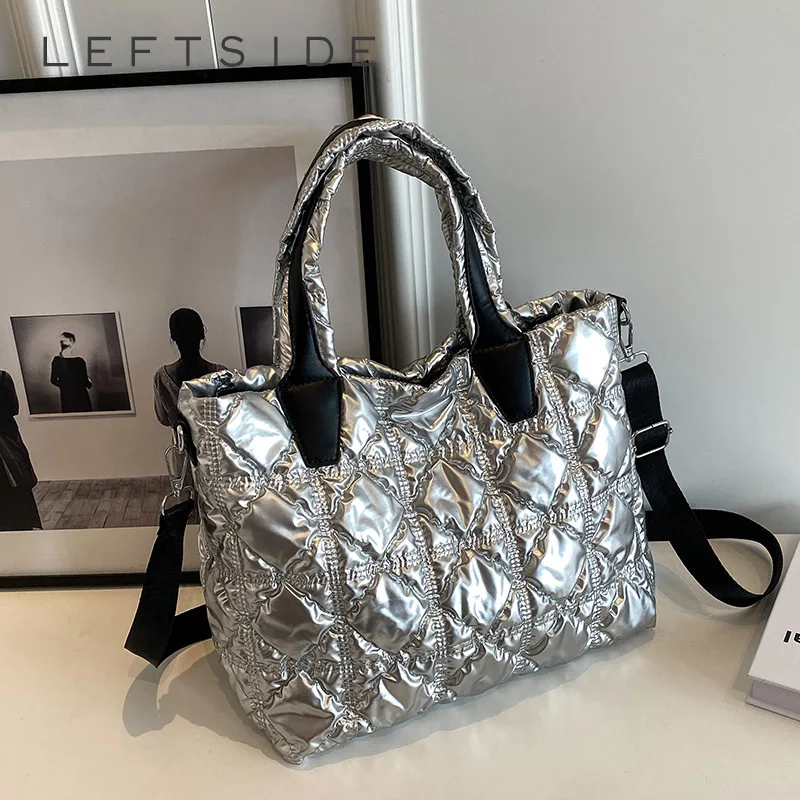 

LEFTSIDE Korean Fashion Silver Crossbody Bag for Women 2023 New Trendy Handbags Designer Padded Nylon Small Shoulder Bags