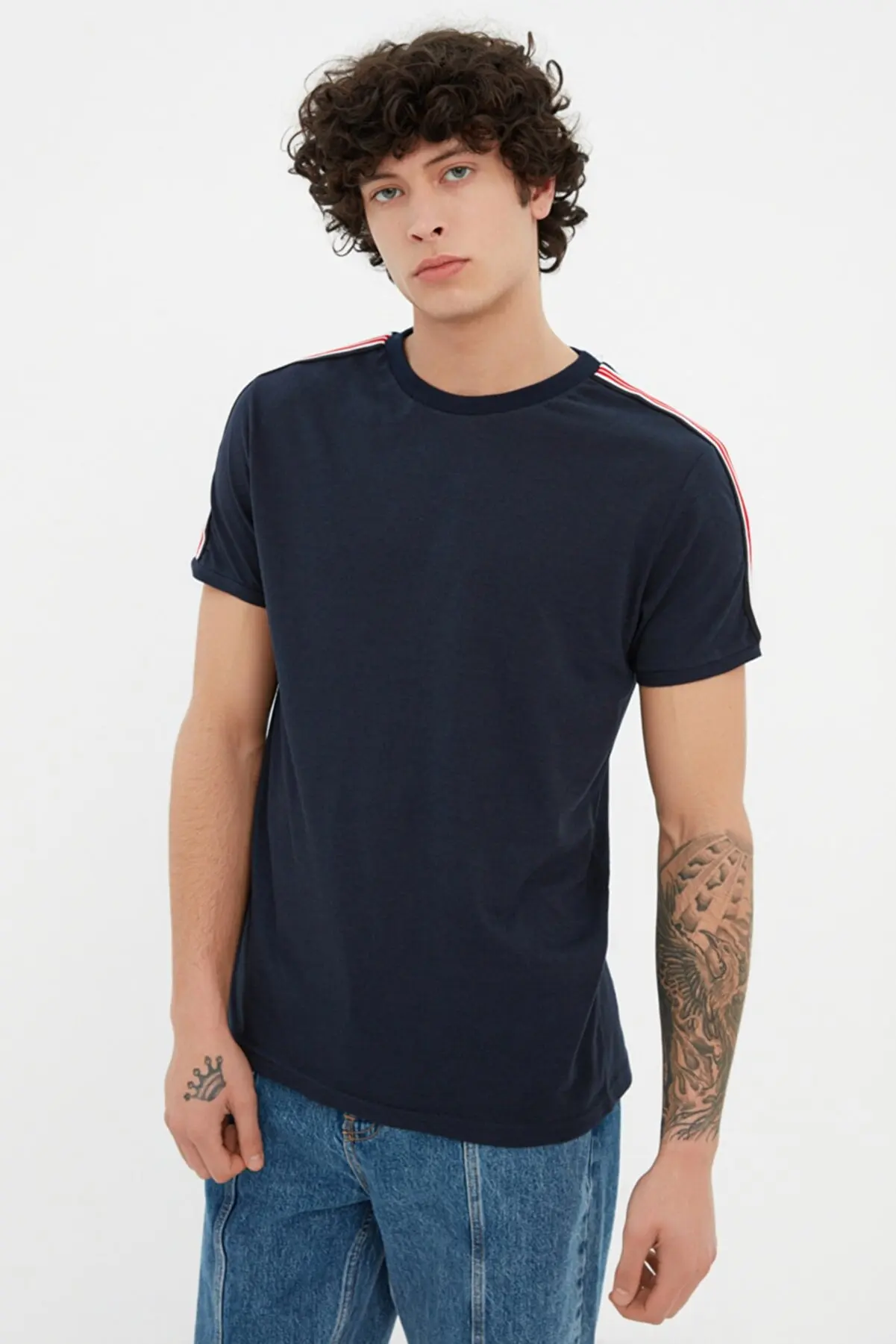 

Navy blue men's bike collar slim fit shoulder lane short sleeve t-shirt 0194 t-shirts for men