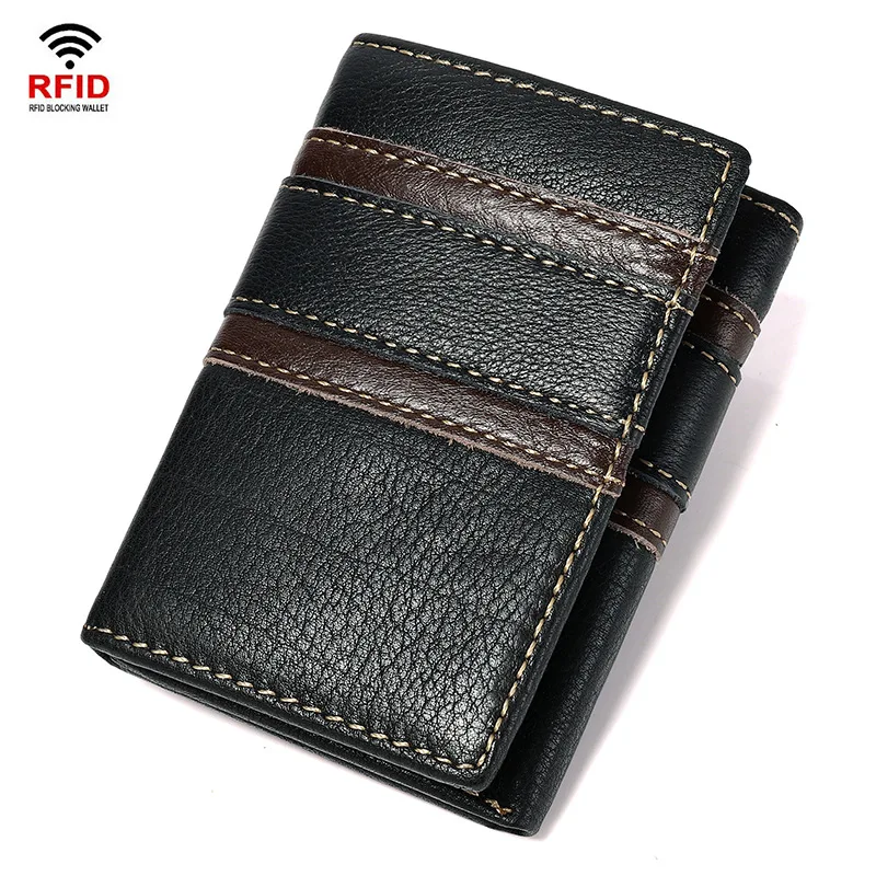 Aliwood RFID Anti-Theft Cowhide Wallet Genuine Leather Men's Short 3 Fold Wallets High Quality Money Clip Coin Purse Carteras