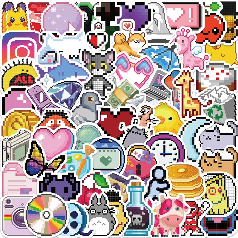 

64pcs Pixel Wind Icon Cute Cartoon Graffiti Stickers Ins Laptop Refrigerator Luggage Guitar DIY Kids Classic Toy Stickers Decals