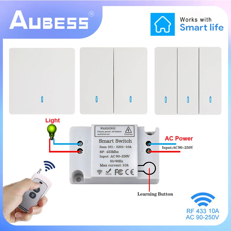 Беспроводной умный выключатель RF 433 МГц, настенный панельный выключатель с дистанционным управлением, мини релейный приемник переменного тока 90-250 В для светодиодной лампы, вентилятора