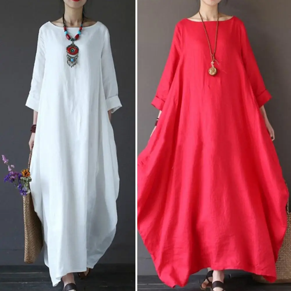 

Women Dress Long Sleeves Crew Neck Solid Color Retro Breathable Loose Ankle Length Pure Color Maxi Dress Dress Women