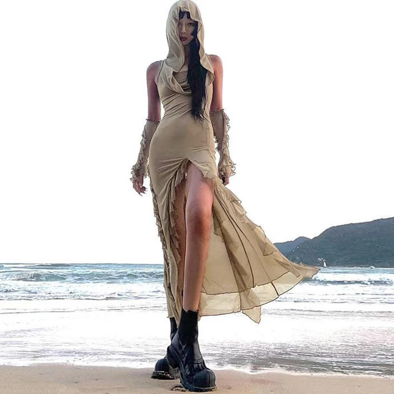 

Женское винтажное платье-пуловер с V-образным вырезом, без рукавов, с капюшоном