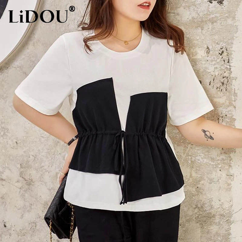 

2023 Summer New Round Neck Short Sleeve Fake Two Pieces Patchwork Contrast Color T-Shirts Women Fashion Asymmetrical Lacing Tees