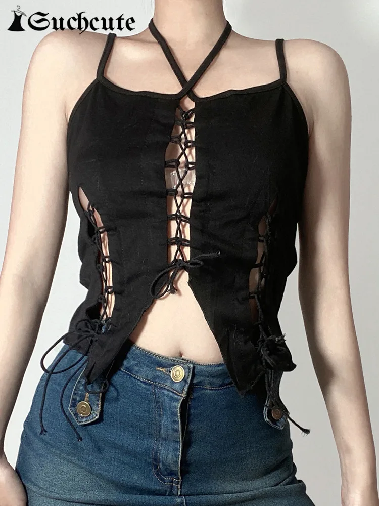

SUCHCUTE Gothic Cross Bandage Womne Crop Top Dark Academic Sleeveless Skinny Vest Y2K Solid Streetwear Hip Hop Punk Clothes 2022