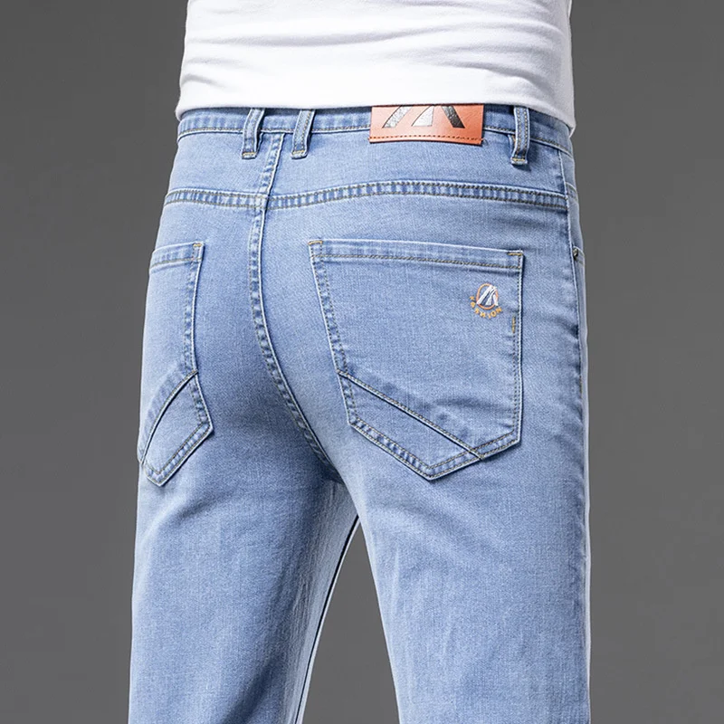 

Summer Men's Smoke Blue Straight Jeans Classic Business Fashion Stretch Denim Trousers Male Brand Pants
