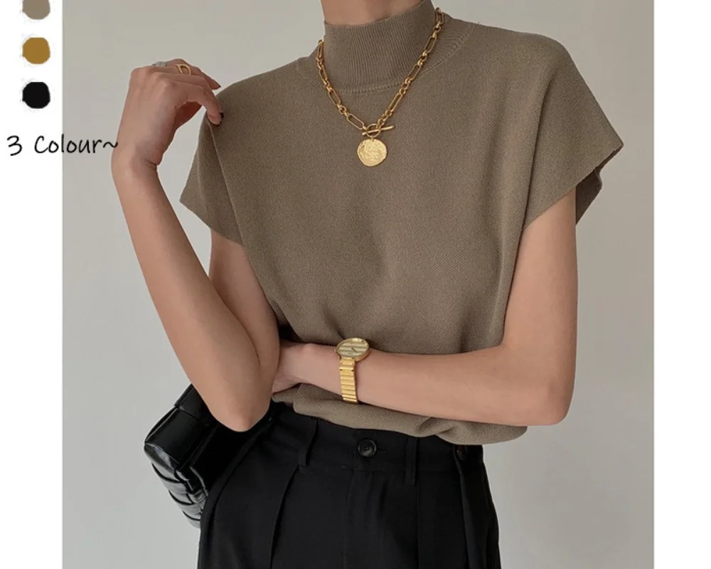 

3 Color Women Clothes Fashion All Match Turtleneck Sweater Sleeveless Tops Knitted Top Vest T-shirt