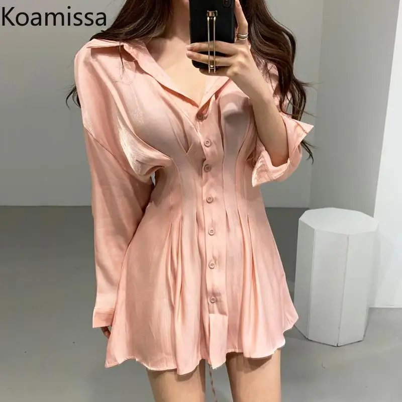 Koamissa Slim Women Bodycon Solid Shirt Dress Long Sleeves Single Breasted Chic Korean Dresses Fashion Lady Spring Vestidos New