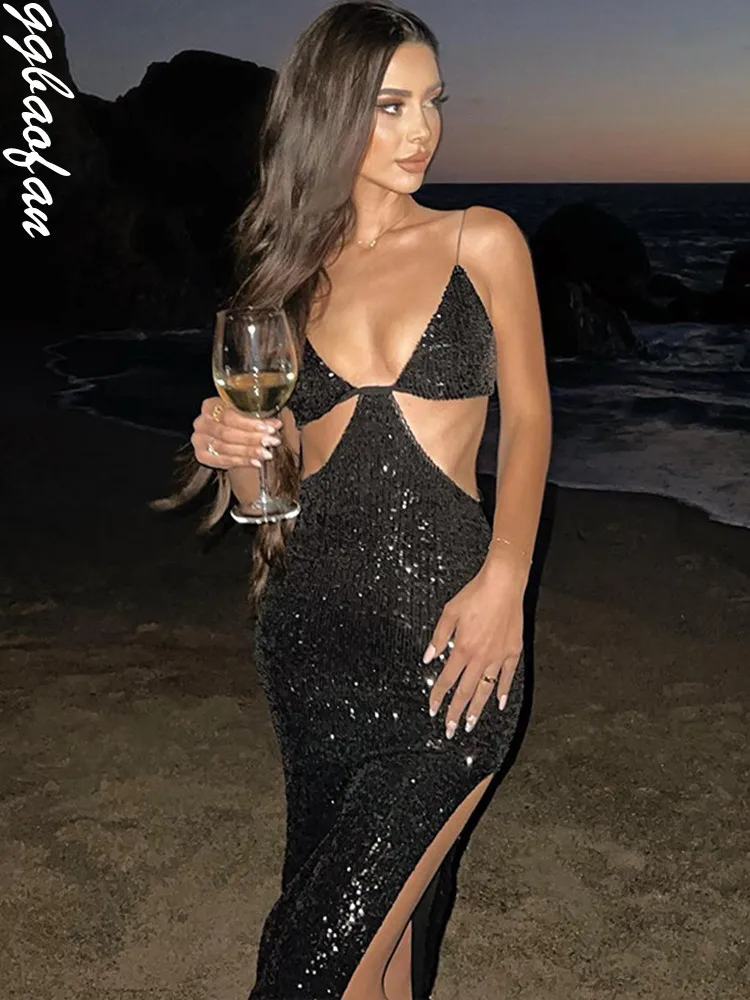 

Элегантное сексуальное платье Ggbaofan на бретелях-спагетти с разрезом и блестками, женское платье с вырезами, платья-комбинации, одежда для ве...