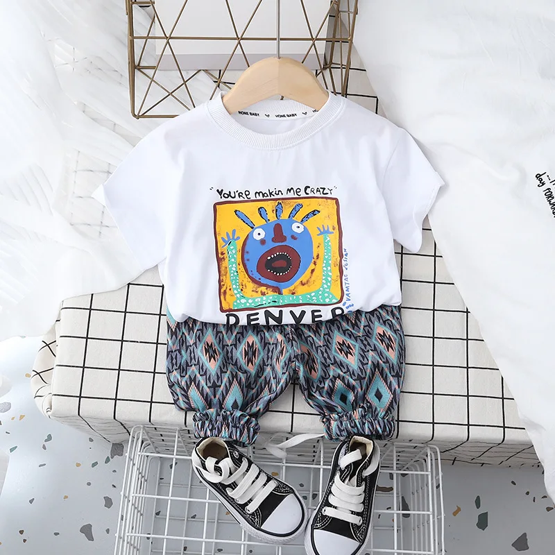 

2022 Summer Toddler Boys Cool Clothes Sets Baby Girls Cartoon Monster Short Sleeve T-shirt +Shorts Casual Outfits Kids Clothing
